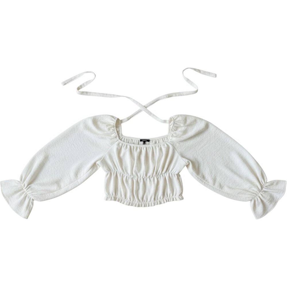 Boohoo Cream Puff Sleeve Crop Top Square Neck Back Tie Blouse US 12